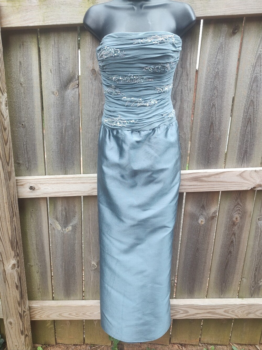 🏵️ Ricki Freeman Silk Wool Beaded Embroidered Ruched Formal Strapless Gown Size
